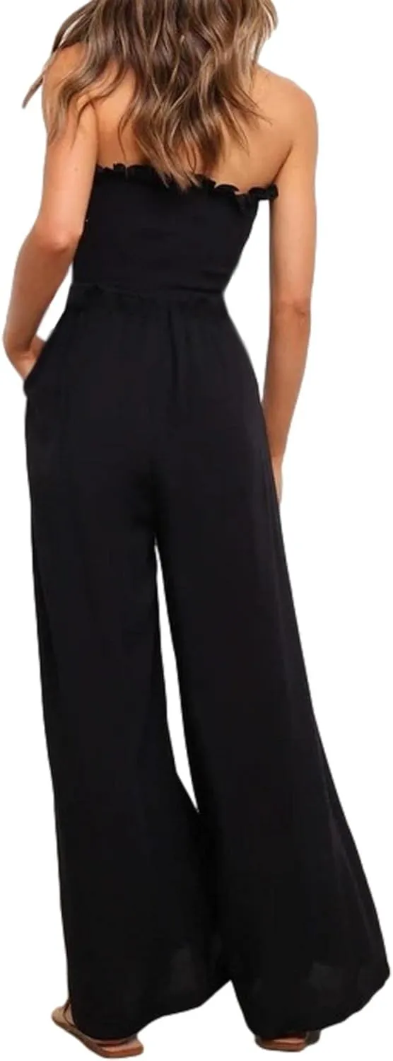 SEMATOMALA Women's Strapless Frill Smocked Bust Wide Leg Pants Romper Tube Top Flare Trousers Jumpsuit Solid Maxi Overalls