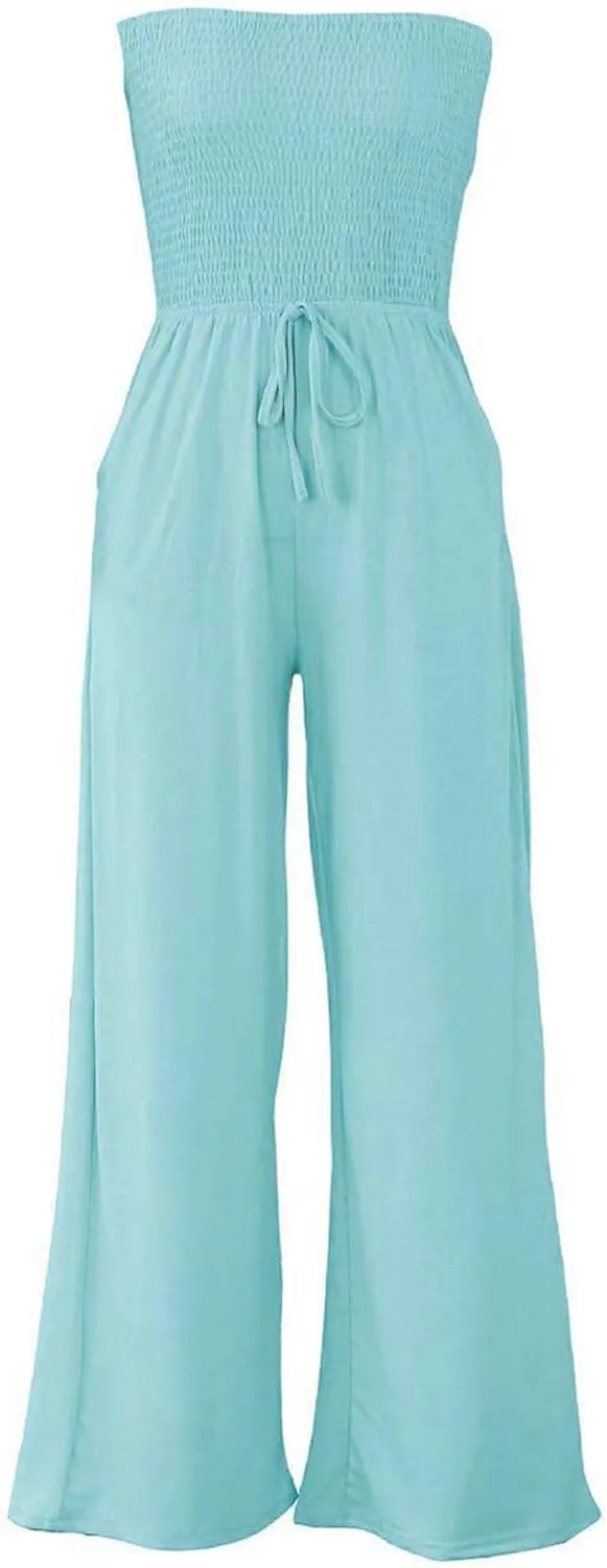 SEMATOMALA Women's Strapless Frill Smocked Bust Wide Leg Pants Romper Tube Top Flare Trousers Jumpsuit Solid Maxi Overalls