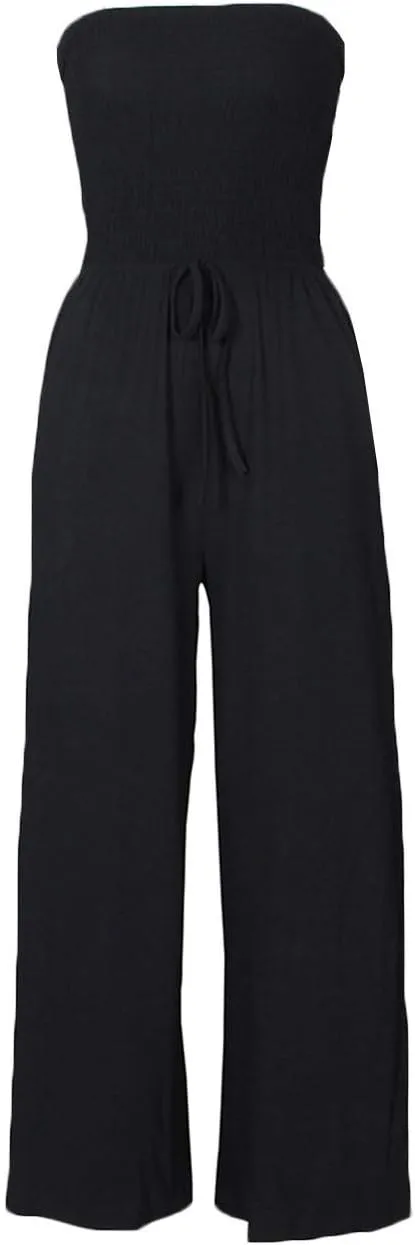 SEMATOMALA Women's Strapless Frill Smocked Bust Wide Leg Pants Romper Tube Top Flare Trousers Jumpsuit Solid Maxi Overalls