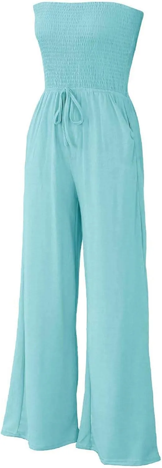 SEMATOMALA Women's Strapless Frill Smocked Bust Wide Leg Pants Romper Tube Top Flare Trousers Jumpsuit Solid Maxi Overalls