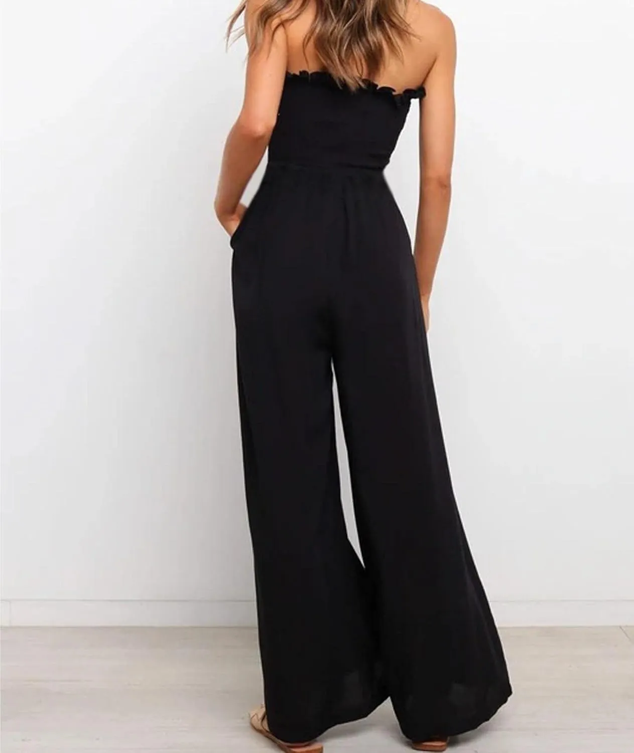 SEMATOMALA Women's Strapless Frill Smocked Bust Wide Leg Pants Romper Tube Top Flare Trousers Jumpsuit Solid Maxi Overalls