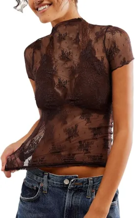 Sheer Mesh Short Sleeve Layering Top for Women Mock Neck Floral Lace Tshirt See Through Tee Shirt Blouse