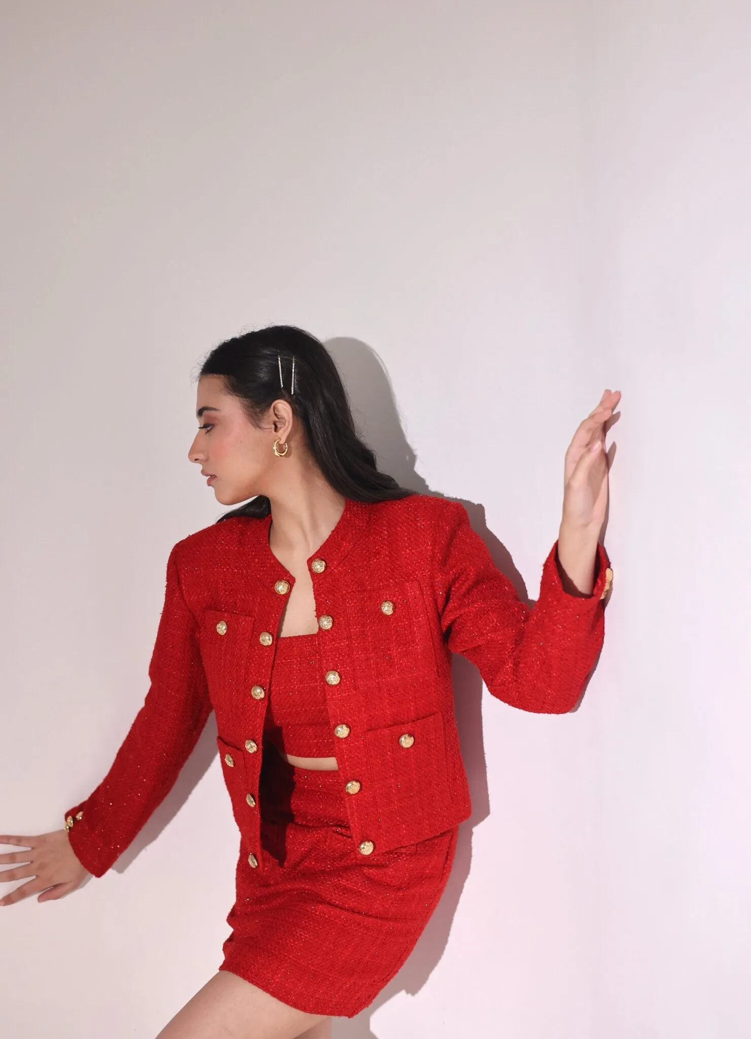 Standout Women's Formal office party Tweed Blazer, Top & Skirt