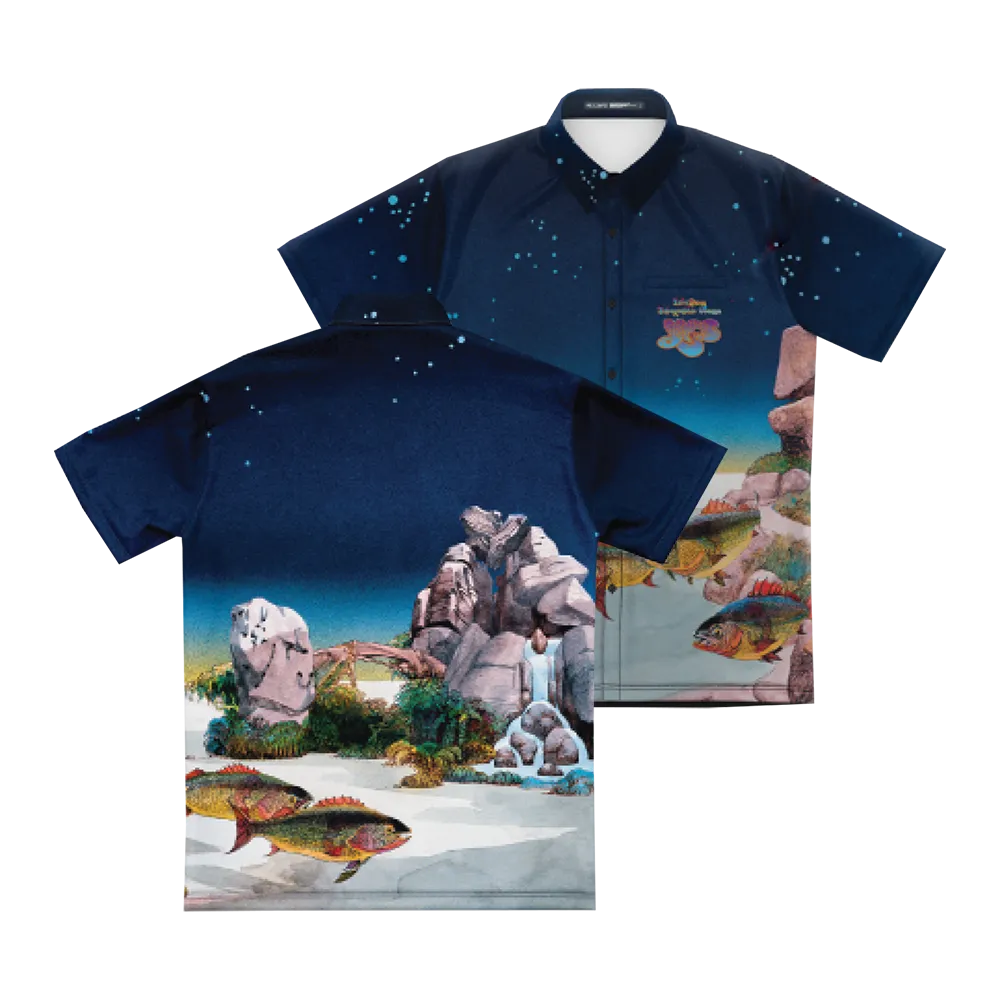 Optimized Product Title: Vintage-Inspired All-Over Print Button-Up Shirt - Tales From Topographic Oceans Design