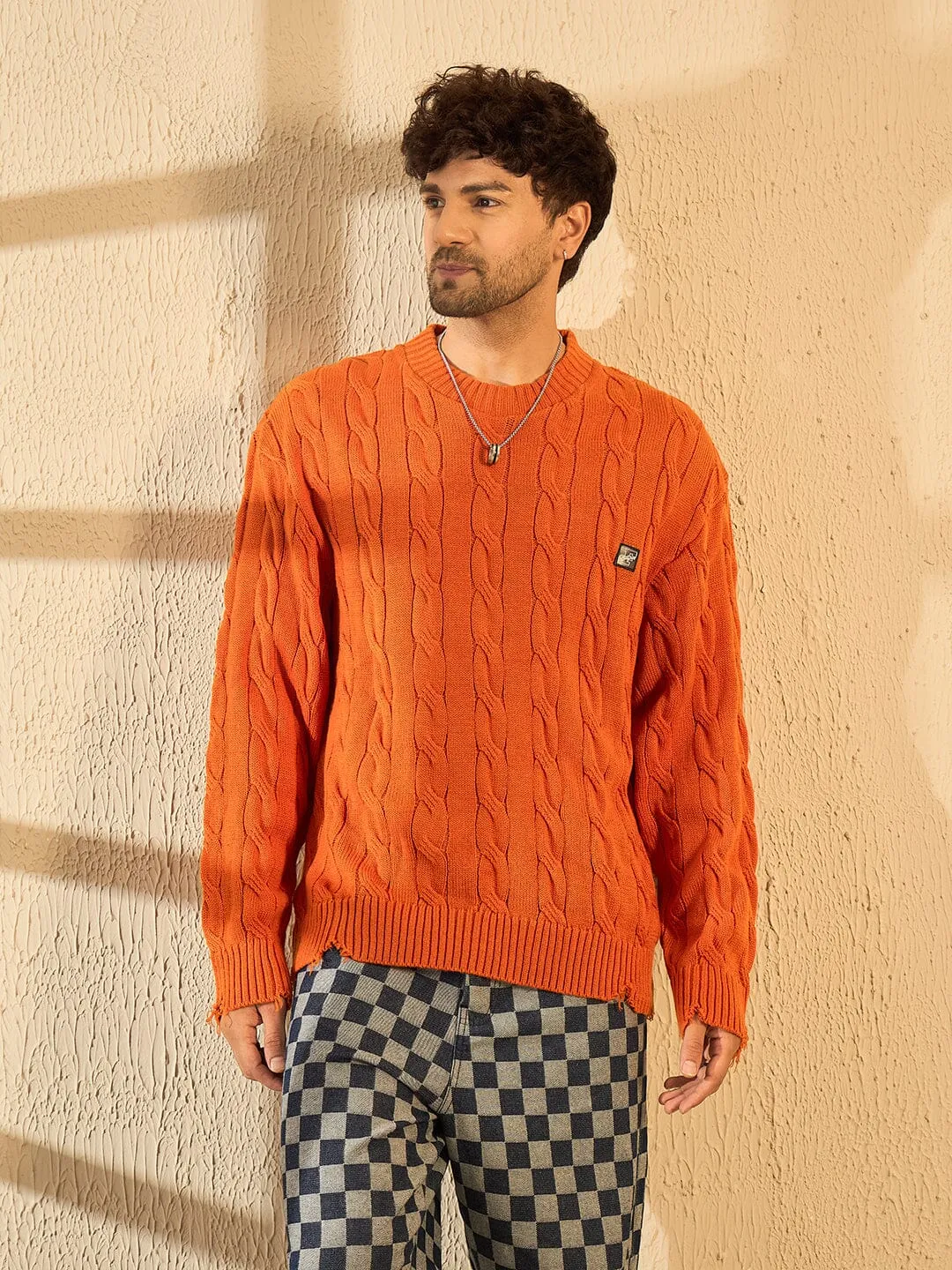 Trendy Distressed Cable Knit Tangerine Sweater
