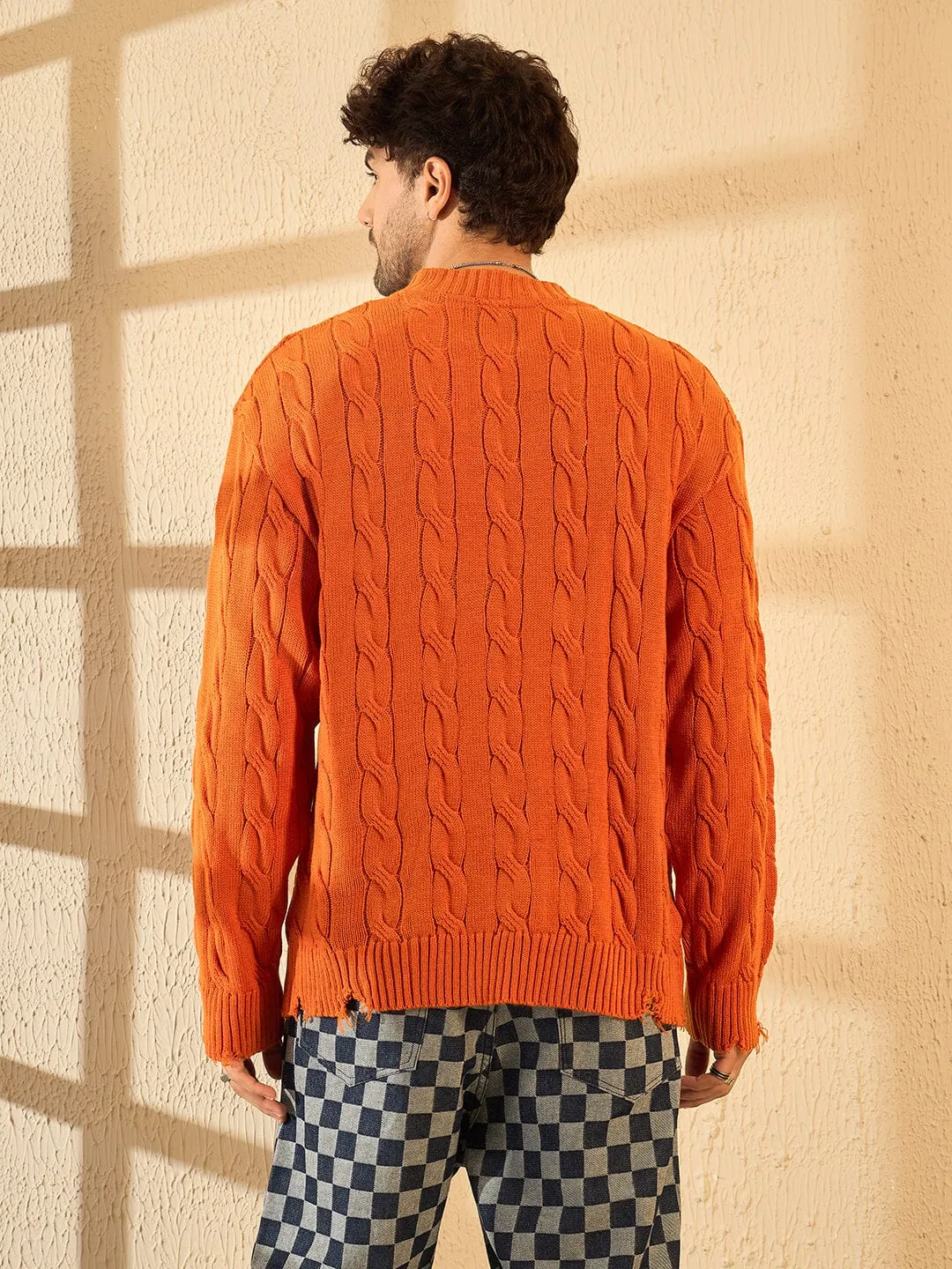 Trendy Distressed Cable Knit Tangerine Sweater