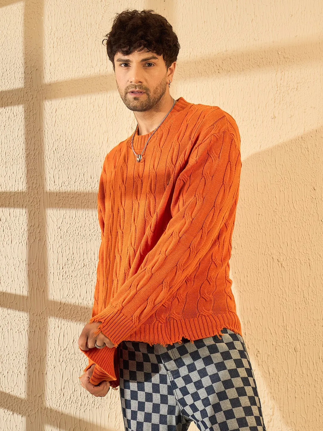 Trendy Distressed Cable Knit Tangerine Sweater