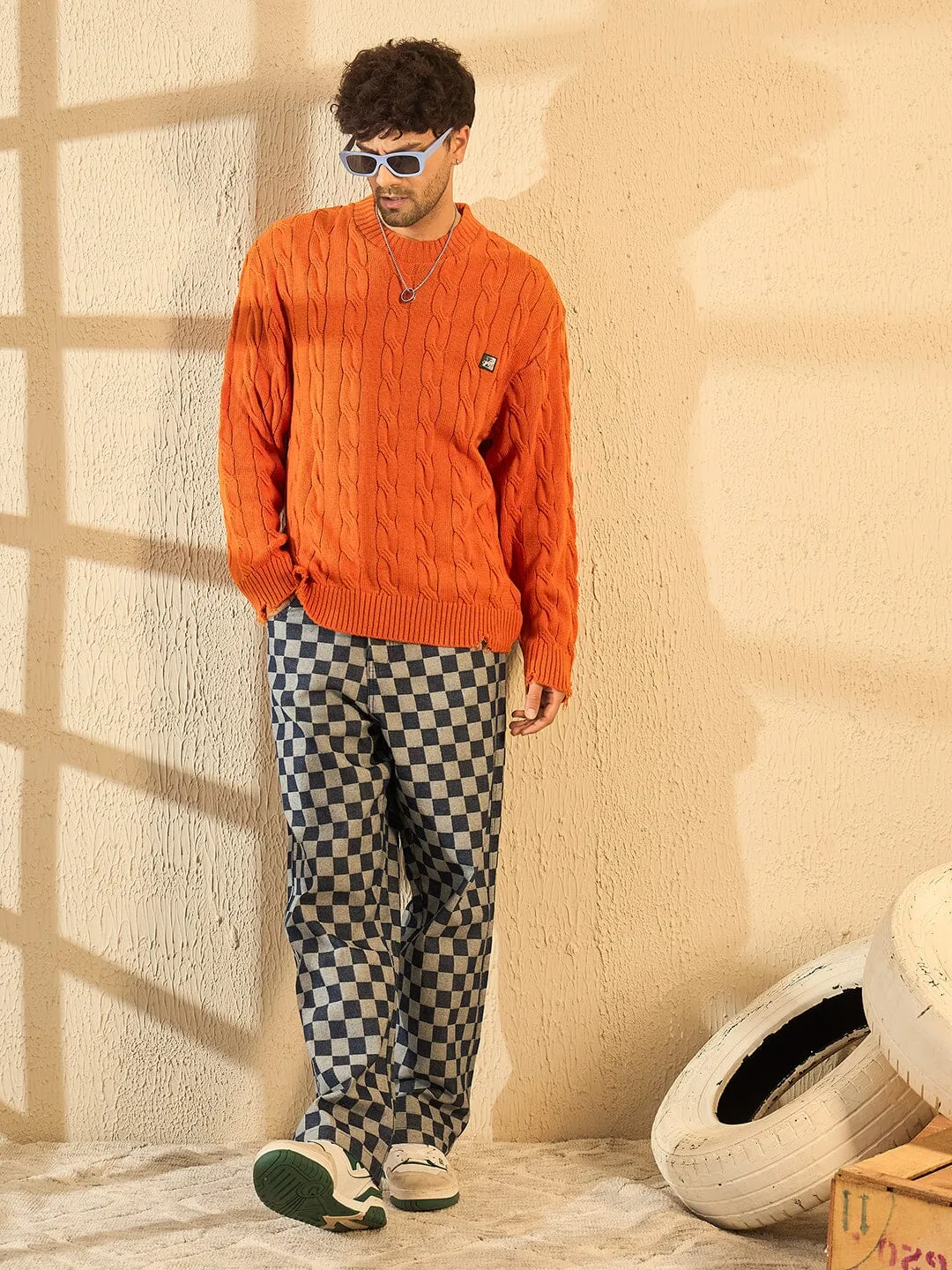 Trendy Distressed Cable Knit Tangerine Sweater