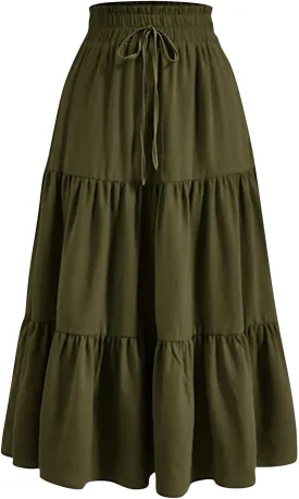 Tiered Floral Maxi Skirts for Women Trendy Elastic High Waisted Flowy Long Skirt Summer Boho Beach A Line Skirt
