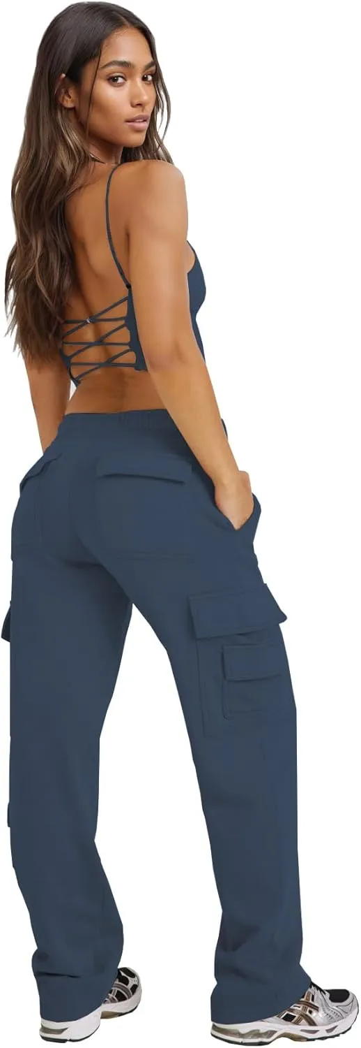 Waitfairy Wide Leg Sweatpants Women Cargo Pants Fleeece High Waisted Baggy Sweatpants for Women Casual Pants with 8 Pockets