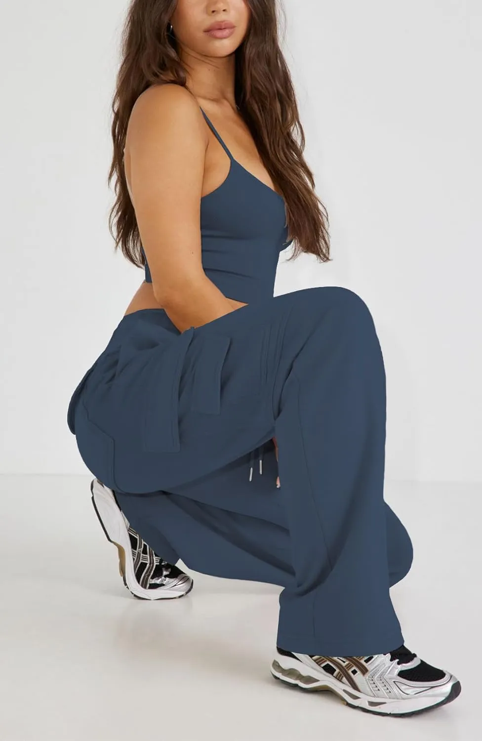 Waitfairy Wide Leg Sweatpants Women Cargo Pants Fleeece High Waisted Baggy Sweatpants for Women Casual Pants with 8 Pockets