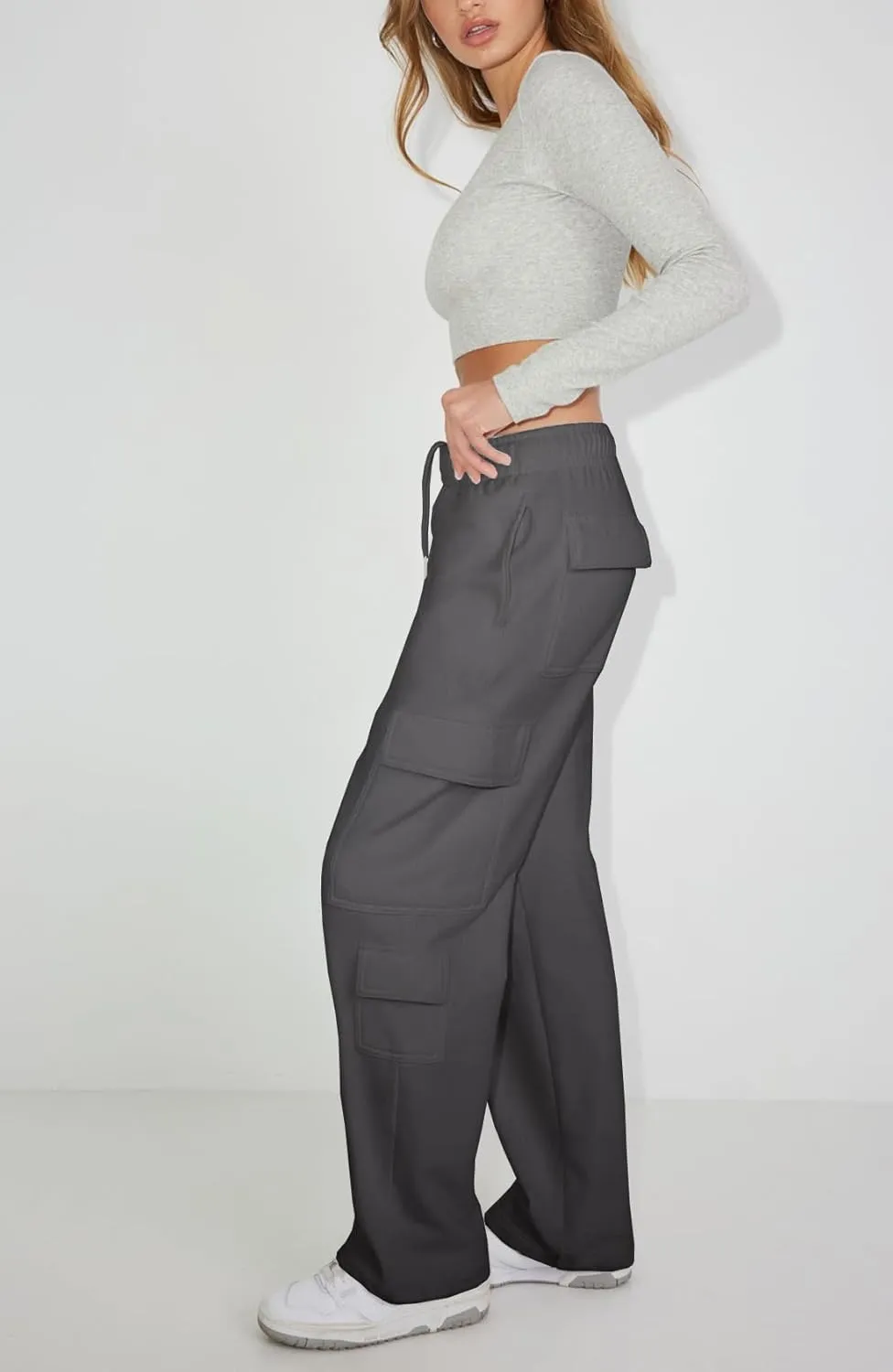 Waitfairy Wide Leg Sweatpants Women Cargo Pants Fleeece High Waisted Baggy Sweatpants for Women Casual Pants with 8 Pockets
