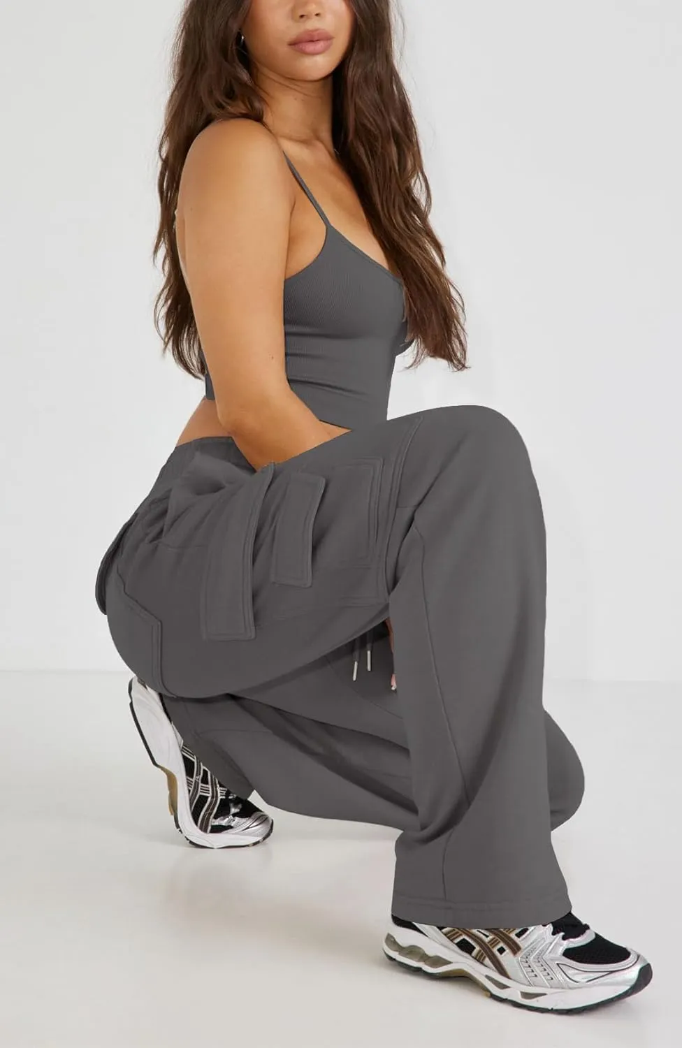 Waitfairy Wide Leg Sweatpants Women Cargo Pants Fleeece High Waisted Baggy Sweatpants for Women Casual Pants with 8 Pockets