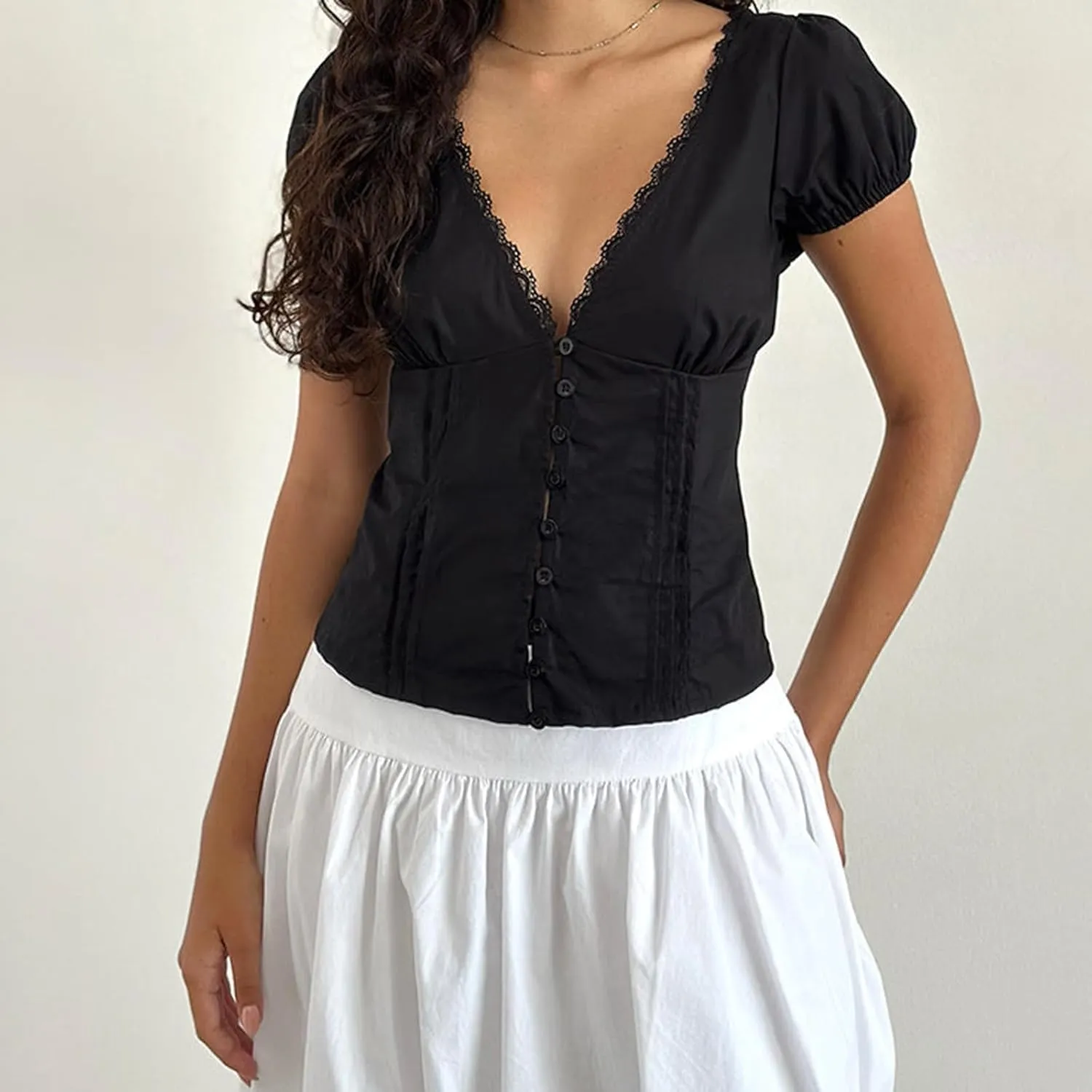 Women Y2K Plaid Button Down Shirt Coquette Short Sleeve V Neck Blouses Top Vintage Preppy Crop Shirt Tops