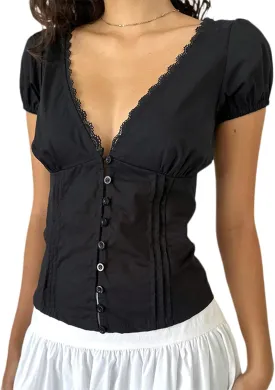 Women Y2K Plaid Button Down Shirt Coquette Short Sleeve V Neck Blouses Top Vintage Preppy Crop Shirt Tops