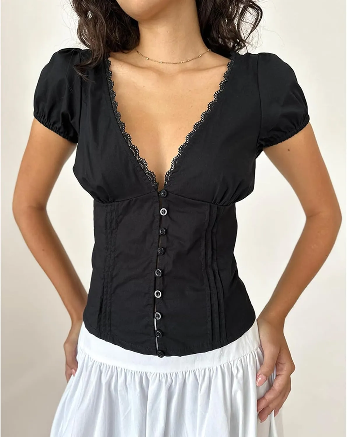 Women Y2K Plaid Button Down Shirt Coquette Short Sleeve V Neck Blouses Top Vintage Preppy Crop Shirt Tops