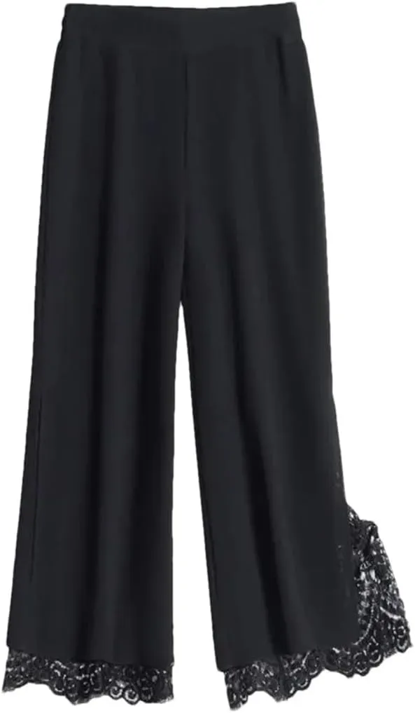 Women's Chiffon Wide Leg Pants Summer High Waist Drapey Trousers Thin Lace Splice Seven-Foot Loose Slim Fit
