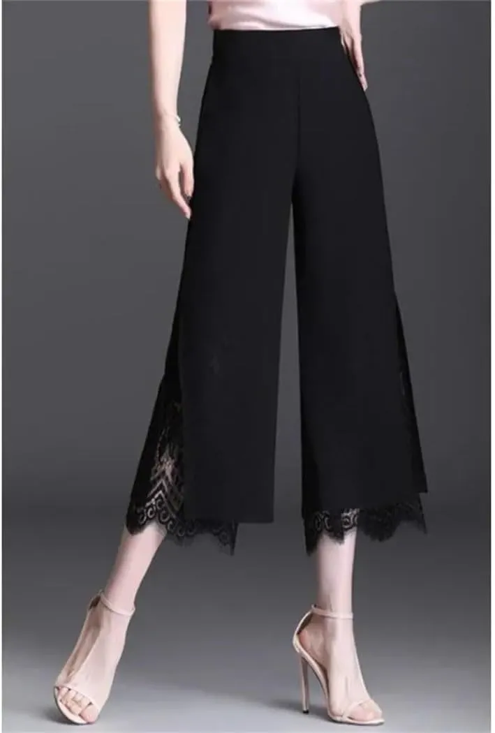 Women's Chiffon Wide Leg Pants Summer High Waist Drapey Trousers Thin Lace Splice Seven-Foot Loose Slim Fit