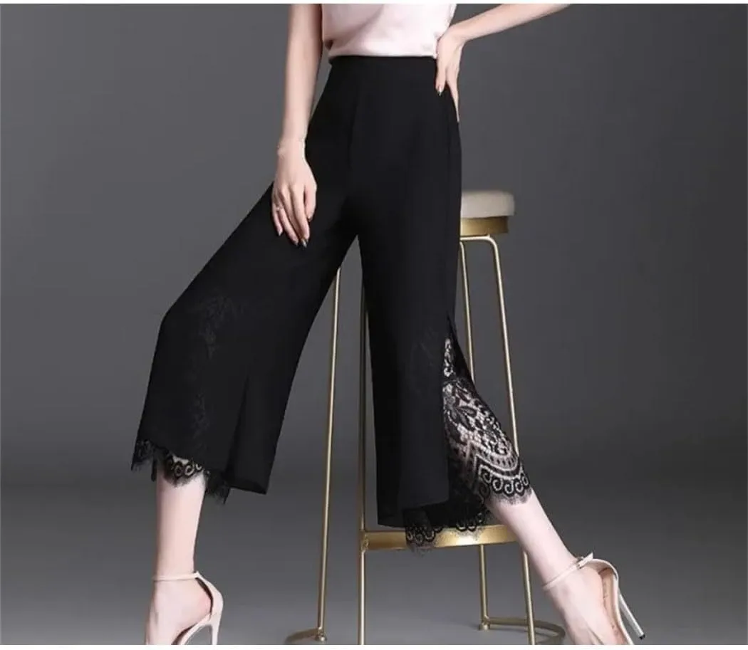 Women's Chiffon Wide Leg Pants Summer High Waist Drapey Trousers Thin Lace Splice Seven-Foot Loose Slim Fit
