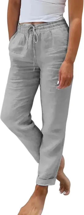 Womens Cotton Linen Pants Comfort Skinny Slim Straight Legged Lightweight Casual Trousers for Home Vacation