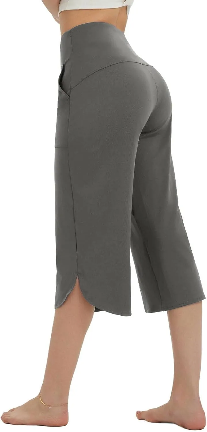 Womens Cropped Pants Wide Leg Yoga Capris with Pockets Loose Stretch Training Summer Casual Slacks Crop Trousers
