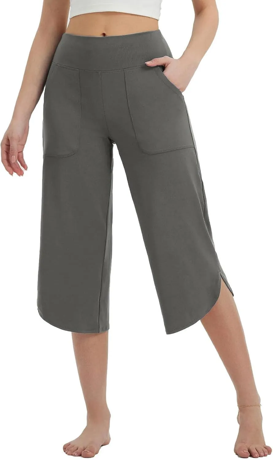 Womens Cropped Pants Wide Leg Yoga Capris with Pockets Loose Stretch Training Summer Casual Slacks Crop Trousers