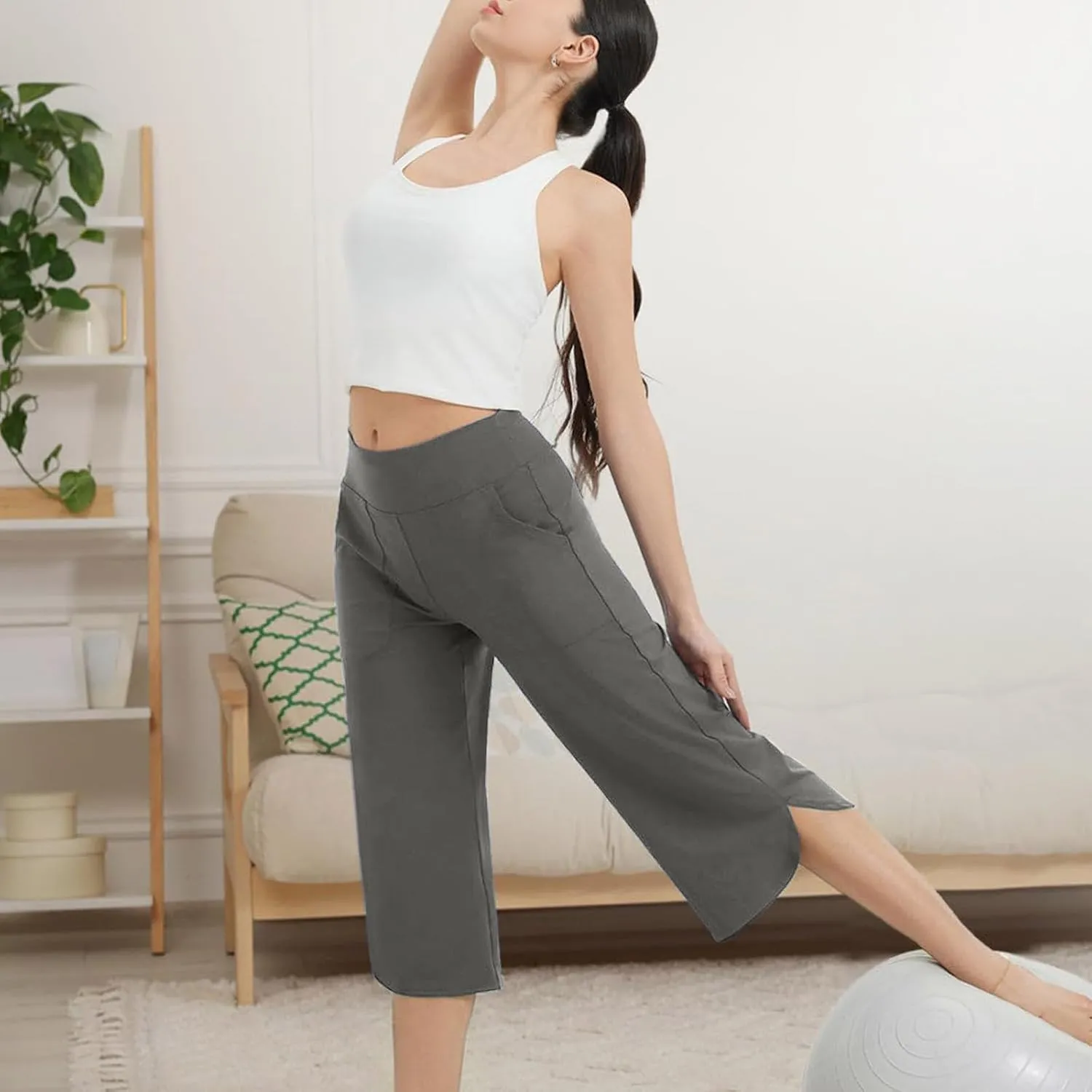 Womens Cropped Pants Wide Leg Yoga Capris with Pockets Loose Stretch Training Summer Casual Slacks Crop Trousers