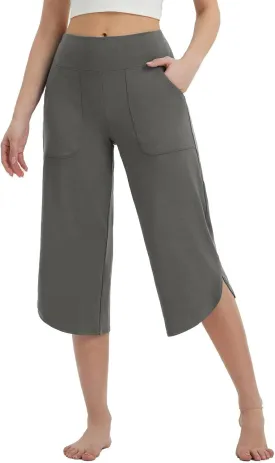 Womens Cropped Pants Wide Leg Yoga Capris with Pockets Loose Stretch Training Summer Casual Slacks Crop Trousers