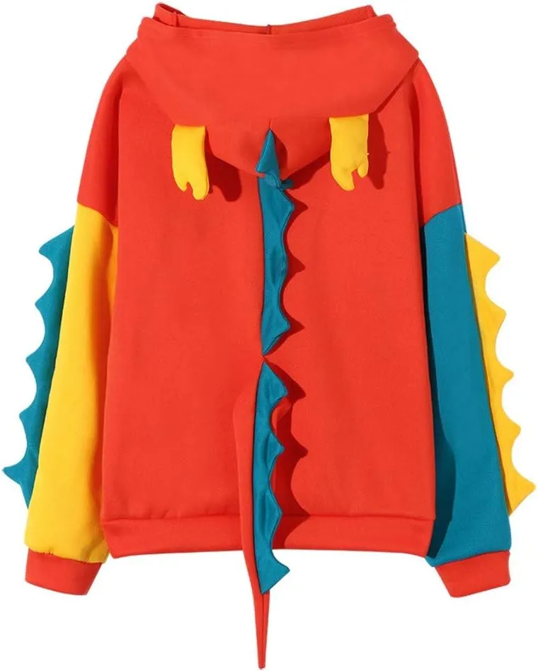 Women's Dinosaur Hoodies Cute Pullover Kawaii Long Sleeve Hooded Sweatshirts Funny Stylish Block Color Casual Fall Tops