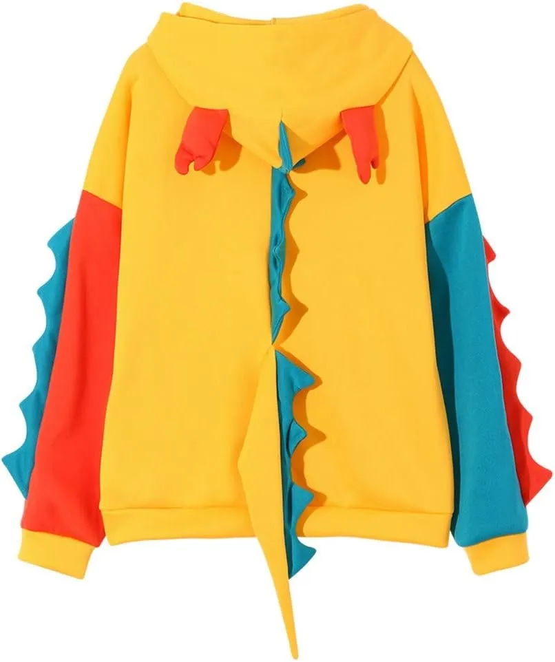 Women's Dinosaur Hoodies Cute Pullover Kawaii Long Sleeve Hooded Sweatshirts Funny Stylish Block Color Casual Fall Tops