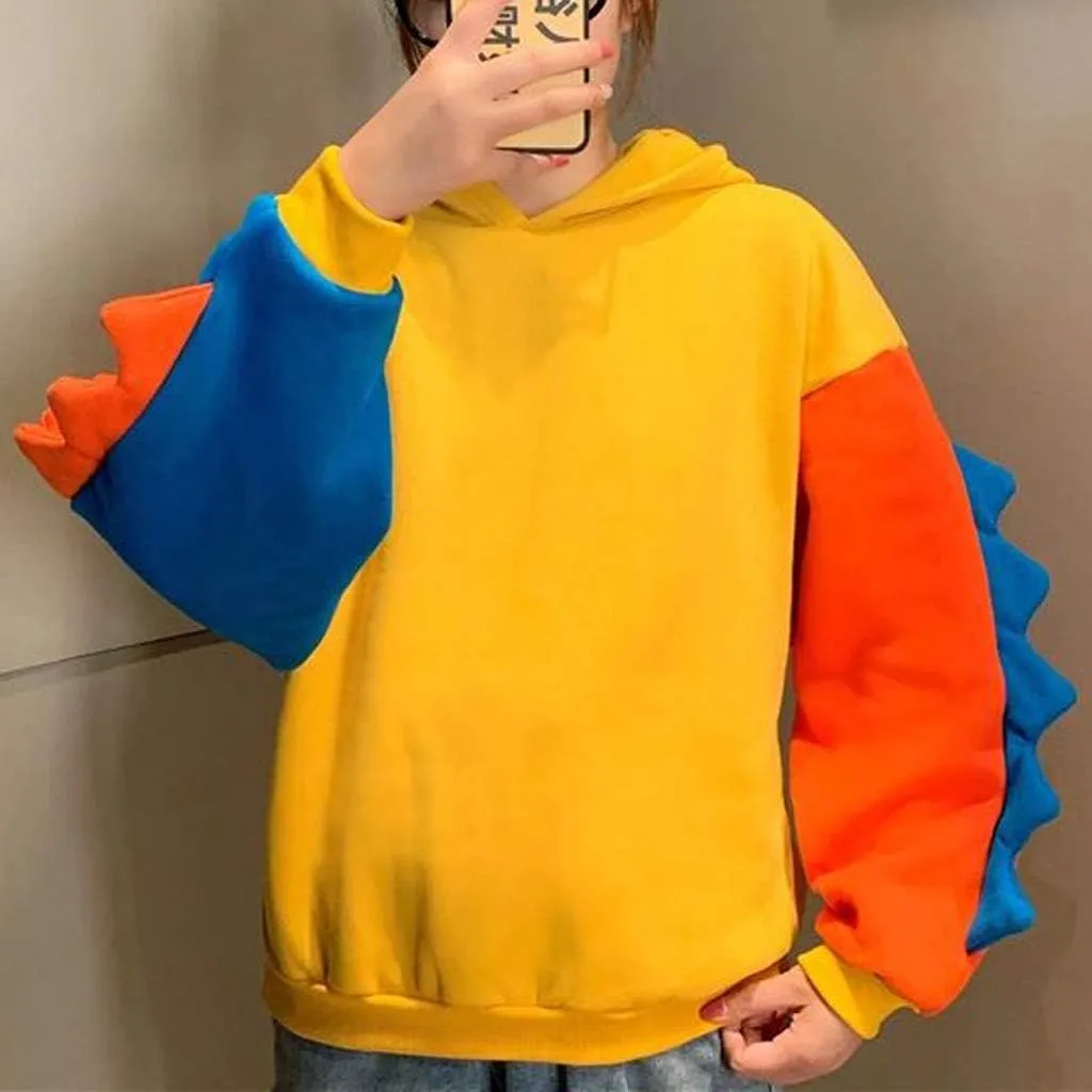 Women's Dinosaur Hoodies Cute Pullover Kawaii Long Sleeve Hooded Sweatshirts Funny Stylish Block Color Casual Fall Tops