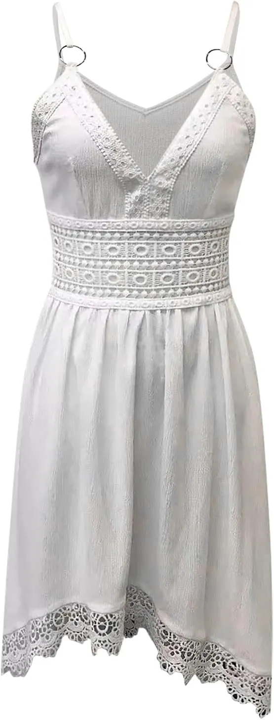 Womens Dresses V Neck Mini Floral Spaghetti Strap Boho Sundress Summer 2025 Tie Knot Front Flowy Pleated Swing Dress