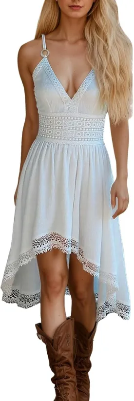 Womens Dresses V Neck Mini Floral Spaghetti Strap Boho Sundress Summer 2025 Tie Knot Front Flowy Pleated Swing Dress