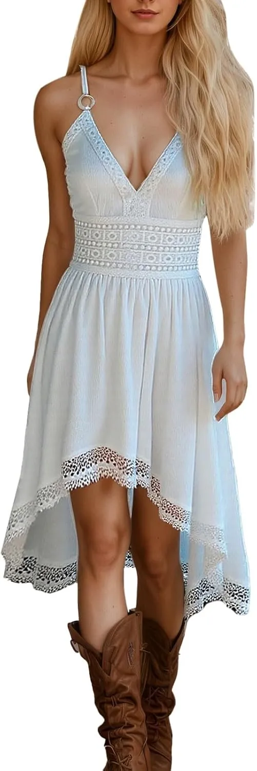 Womens Dresses V Neck Mini Floral Spaghetti Strap Boho Sundress Summer 2025 Tie Knot Front Flowy Pleated Swing Dress