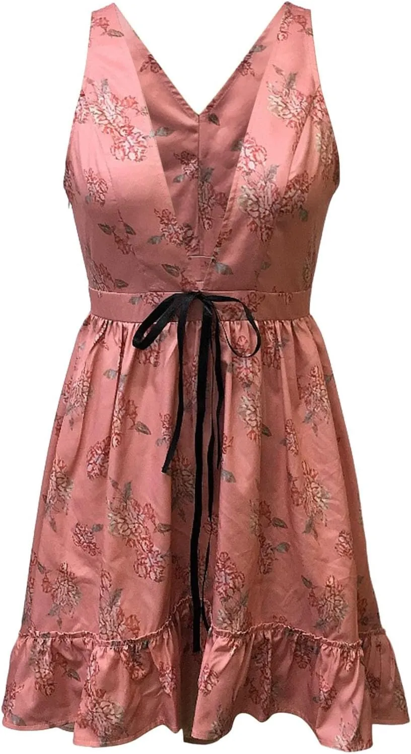 Womens Dresses V Neck Mini Floral Spaghetti Strap Boho Sundress Summer 2025 Tie Knot Front Flowy Pleated Swing Dress