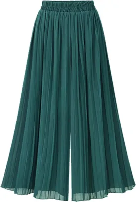 Women's Elastic Waist A-Line Pleated Chiffon Cropped Wide Leg Pants Culottes Flowy Casual Palazzo Capri Pant Plus Size