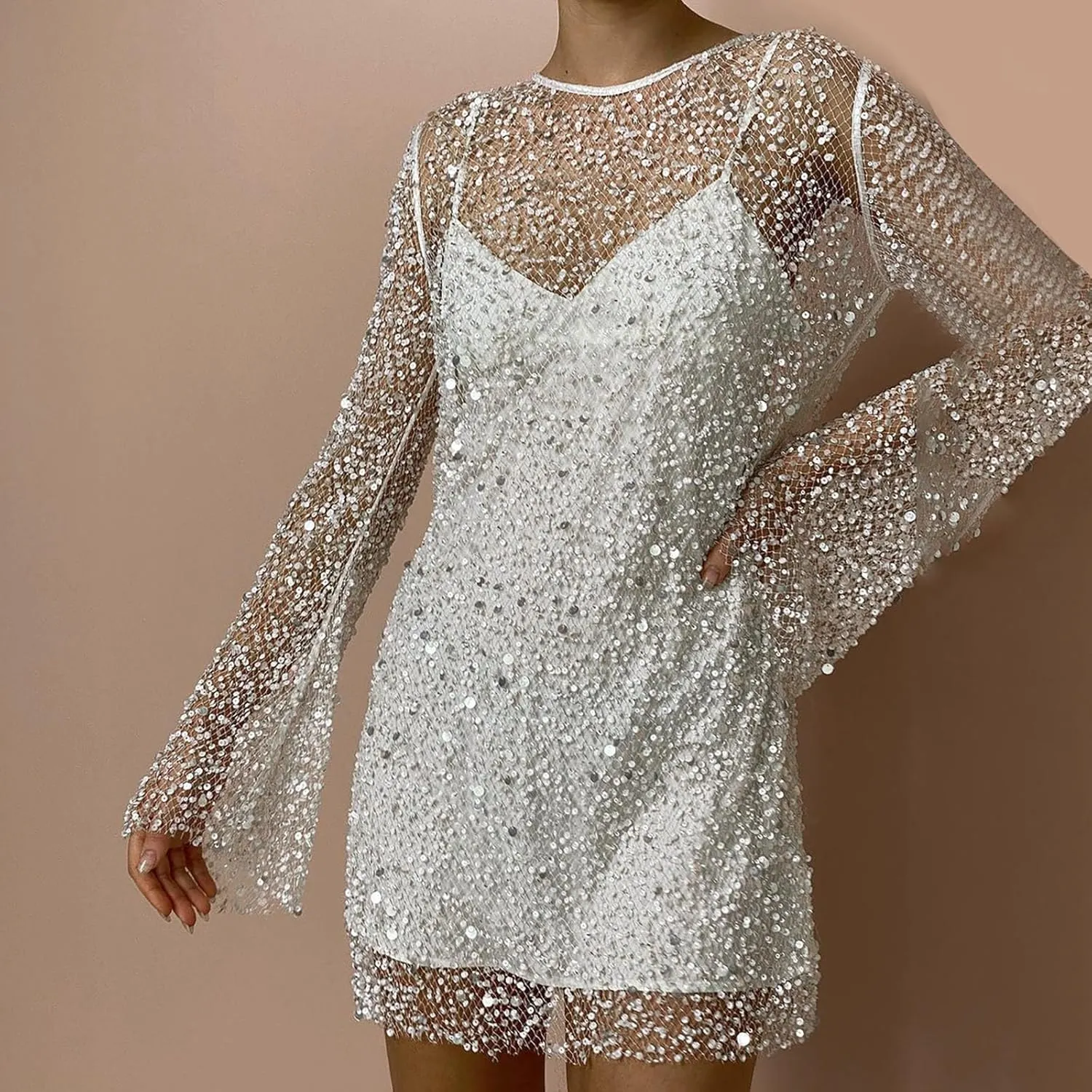 Women's Sequin Skirt Large and Small Beads See Through Mesh Two Piece Suspender Dress Casual Skirts for Women