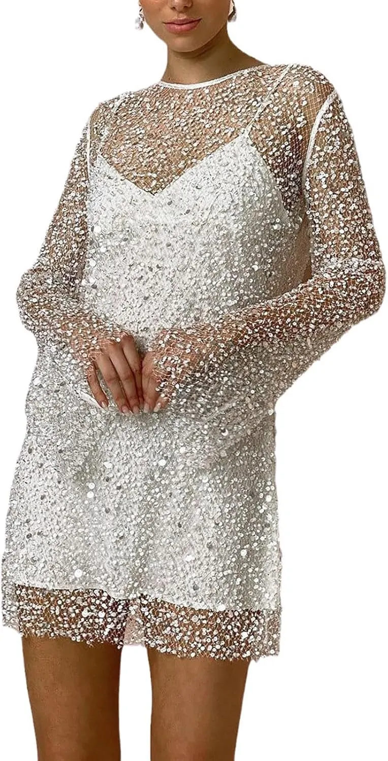 Women's Sequin Skirt Large and Small Beads See Through Mesh Two Piece Suspender Dress Casual Skirts for Women