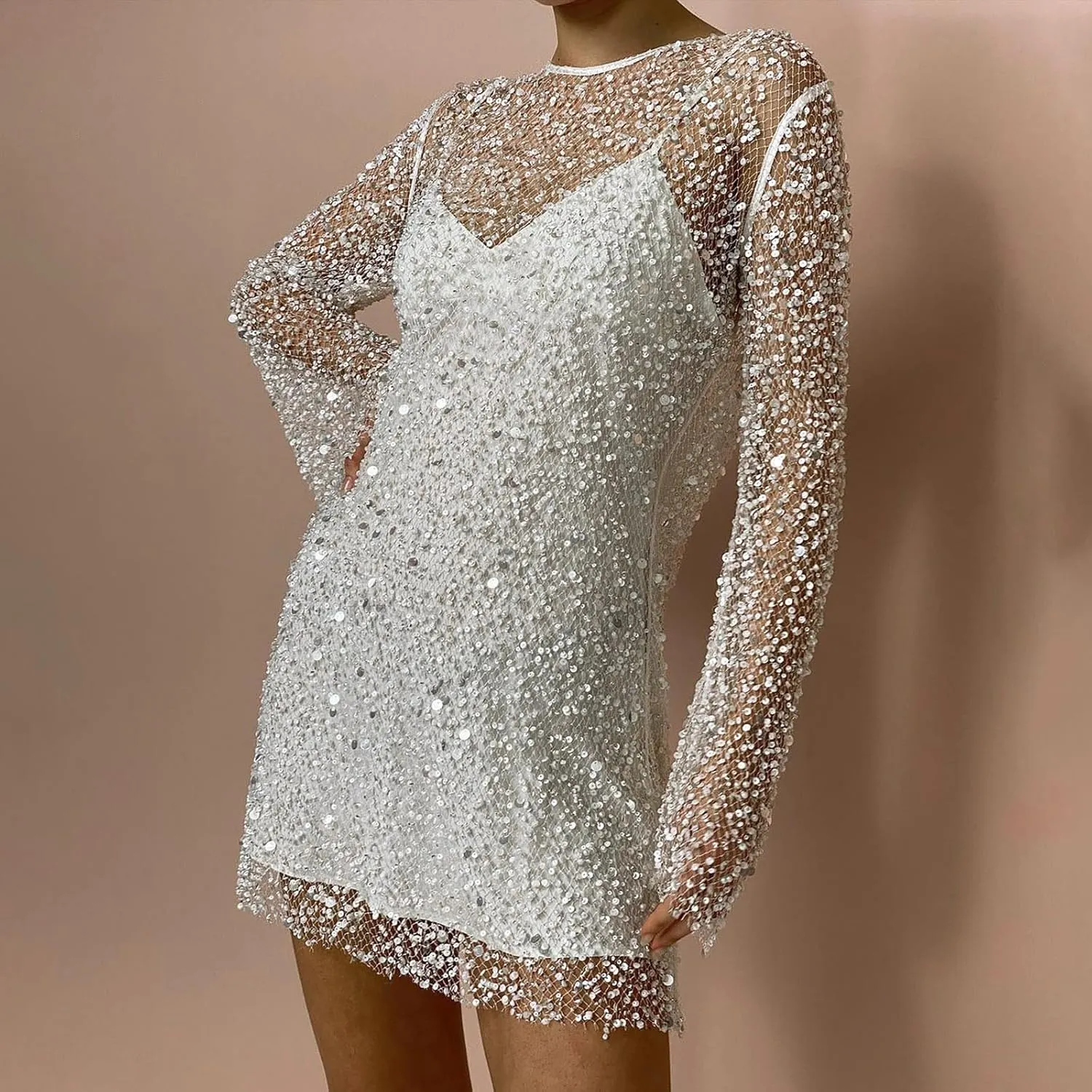 Women's Sequin Skirt Large and Small Beads See Through Mesh Two Piece Suspender Dress Casual Skirts for Women