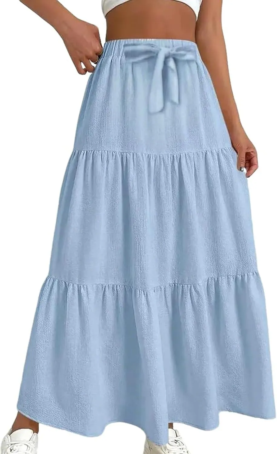Women??s Summer Boho Skirts Fashion Elastic High Waisted Drawstring Ruffle Hem Maxi Skirts Flowy Tiered A Line Skort