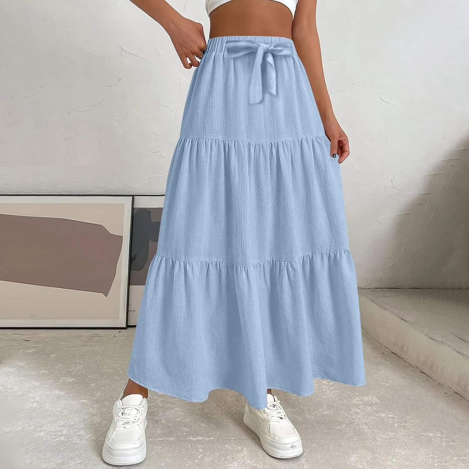 Women??s Summer Boho Skirts Fashion Elastic High Waisted Drawstring Ruffle Hem Maxi Skirts Flowy Tiered A Line Skort