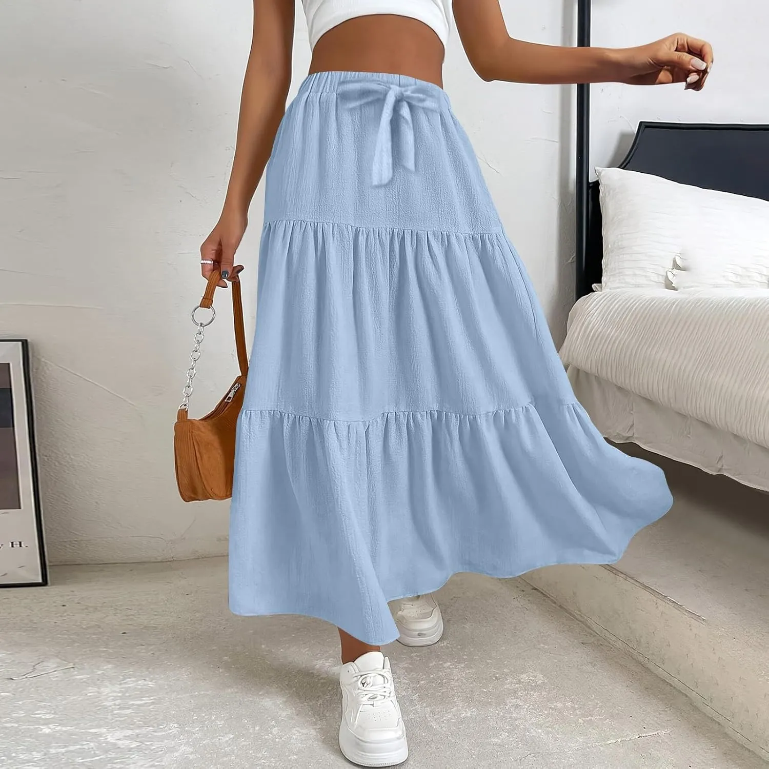 Women??s Summer Boho Skirts Fashion Elastic High Waisted Drawstring Ruffle Hem Maxi Skirts Flowy Tiered A Line Skort