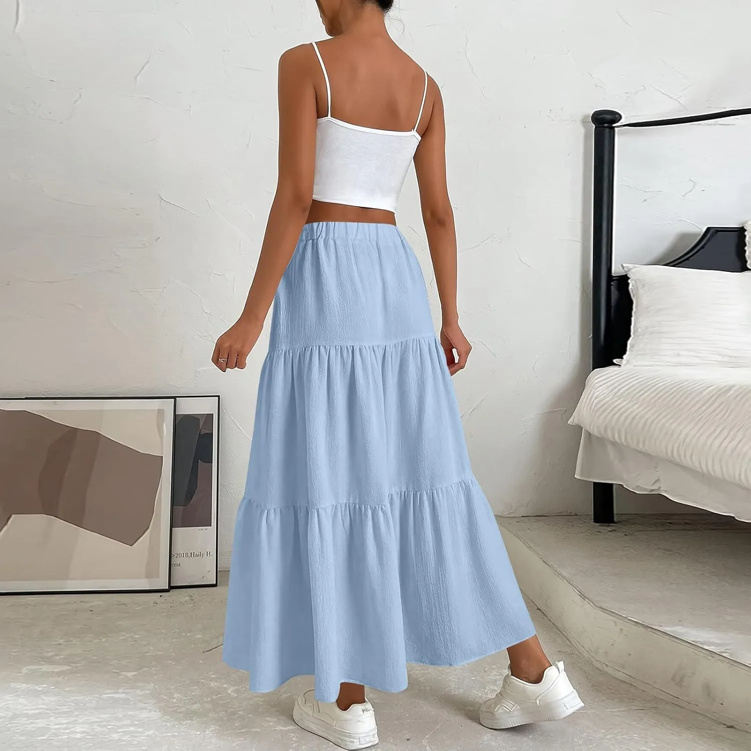 Women??s Summer Boho Skirts Fashion Elastic High Waisted Drawstring Ruffle Hem Maxi Skirts Flowy Tiered A Line Skort