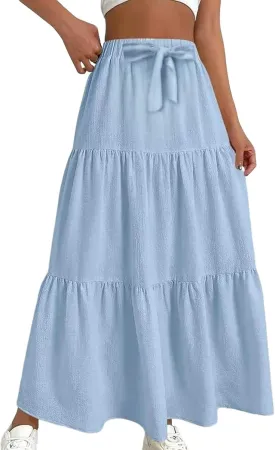 Women??s Summer Boho Skirts Fashion Elastic High Waisted Drawstring Ruffle Hem Maxi Skirts Flowy Tiered A Line Skort