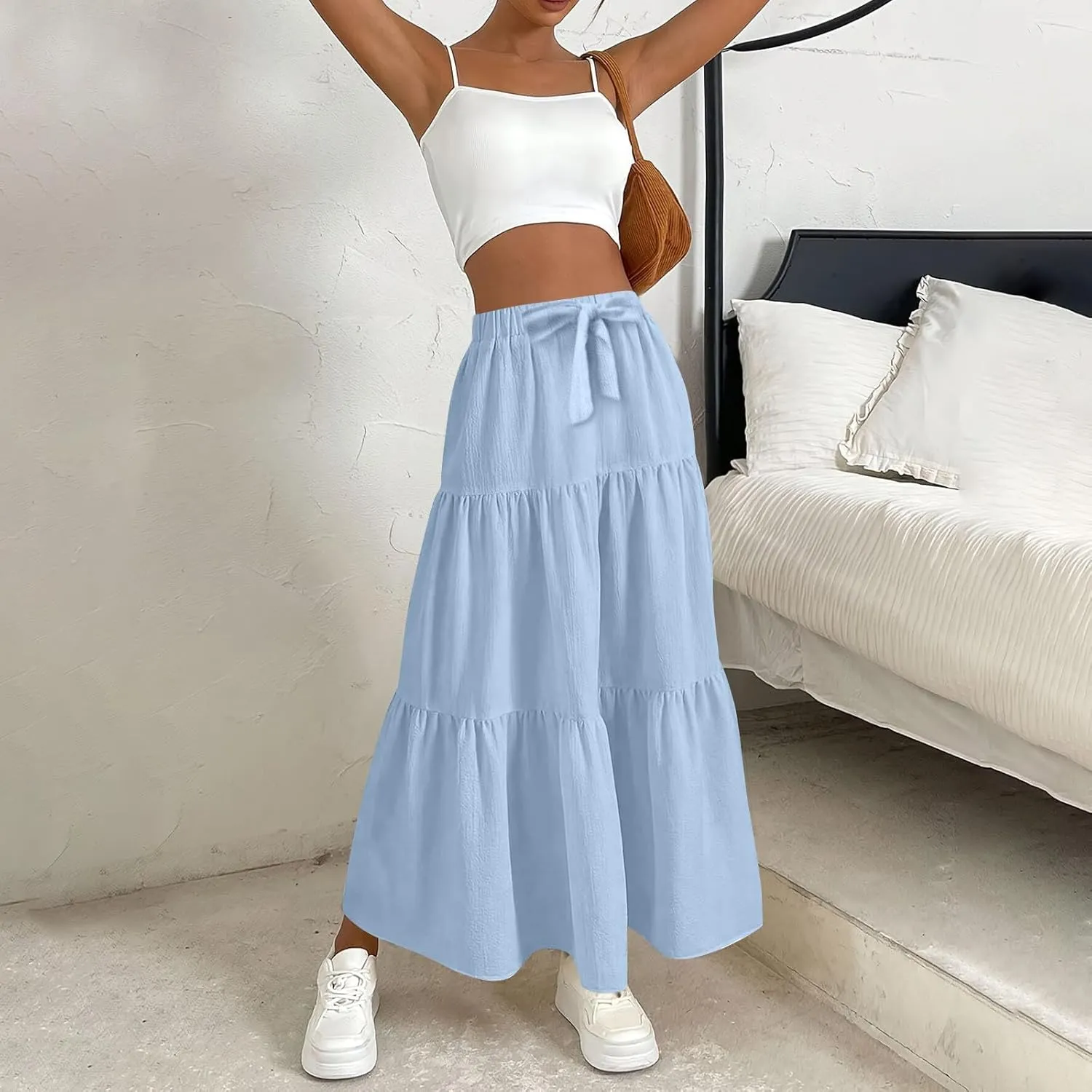 Women??s Summer Boho Skirts Fashion Elastic High Waisted Drawstring Ruffle Hem Maxi Skirts Flowy Tiered A Line Skort