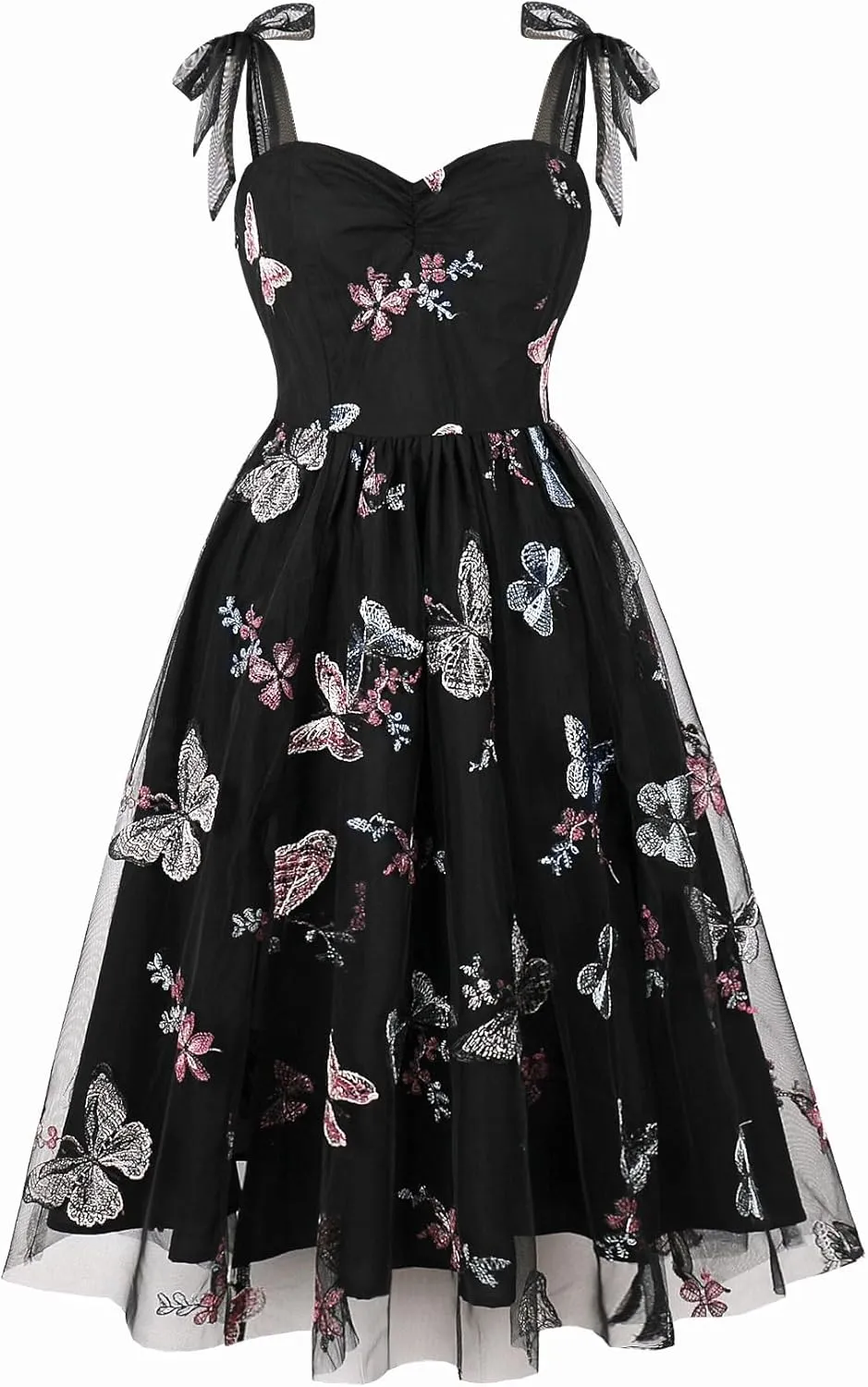 Women's Tie Strap Tulle Prom Dresses Sweetheart Flower Embroidery Dress Short Formal Party Mini Homecoming Dresses