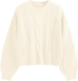 ZAFUL Women's Solid Knit Cable Sweater Casual Long Lantern Sleeve Pullover Crew Neck Knitted Tops