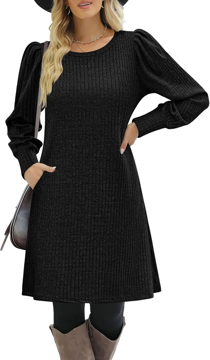 Zeagoo Women Knit Dress Puff Long Sleeve Dress for Fall Winter Round Neck Casual Tunic Dress