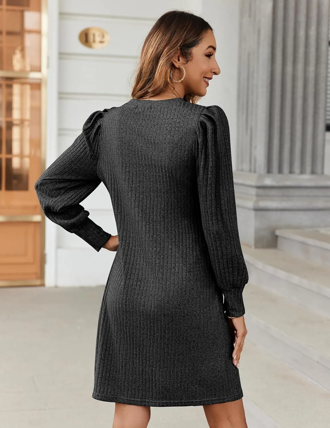 Zeagoo Women Knit Dress Puff Long Sleeve Dress for Fall Winter Round Neck Casual Tunic Dress