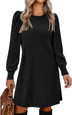 Zeagoo Women Knit Dress Puff Long Sleeve Dress for Fall Winter Round Neck Casual Tunic Dress